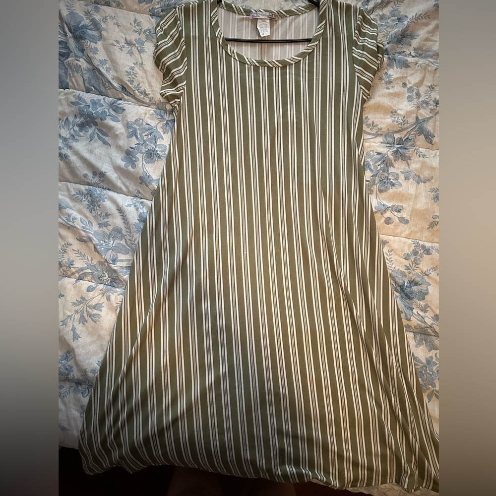 Green and White, Vertical Striped Dress